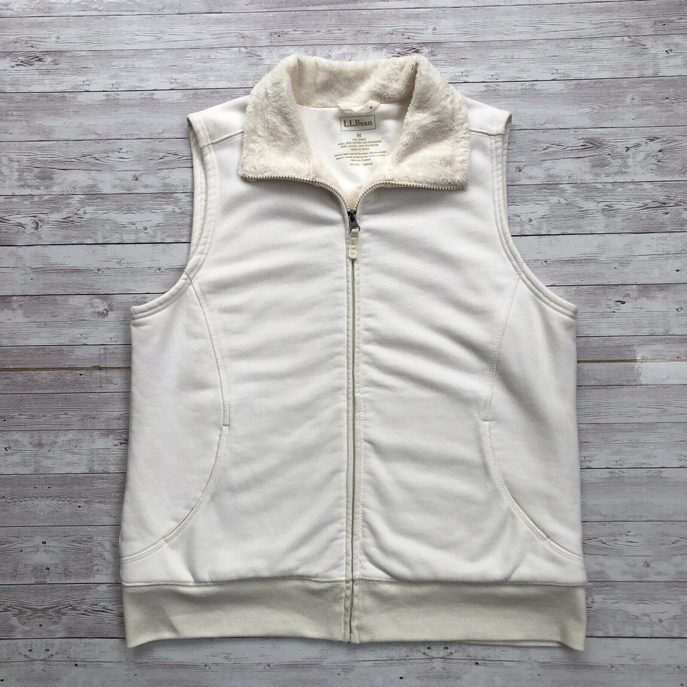 LL Bean Women Size M Full Zip Soft Plush lined Fleece Vest Jacket Beig